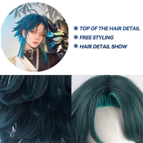 Vista 5 de HAIRCUBE Genshin Impact Xiao - Peluca de cosplay para hombre peluca de cosplay con degradado azul peluca de cosplay esponjosa para juego Xiao peluca