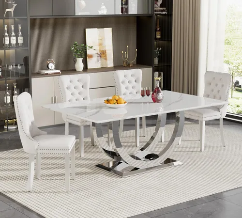 Vista 76 de Juego de mesa de comedor de 5 piezas para 4, mesa de cocina de mármol negro de 68 pulgadas con 4 sillas beige, mesa de comedor rectangular moderna