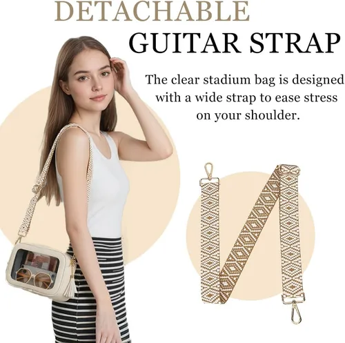 Vista 7 de FAIME Bolsa transparente para eventos de estadio, bonitos monederos transparentes para mujer, bolsa cruzada transpartente con correa para guitarra