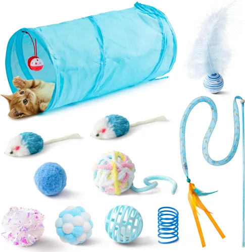 Vista 11 de MALLMALL6 Juego de juguetes interactivos para gatos, paquete de 27 piezas, paquete de 27 piezas, plumas rosadas, varita, resortes, ratones, sisal