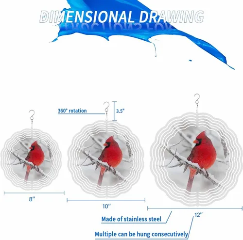 Vista 2 de Molinillos de viento para patio y jardín, cardenales rojos de Navidad, esculturas de viento de metal 3D, para colgar en invierno, nieve, acero