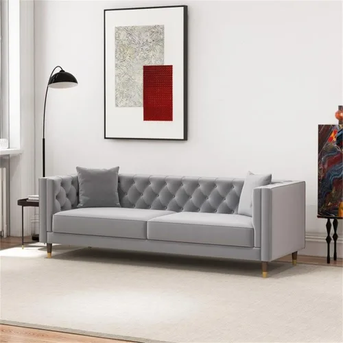 Vista 4 de Sofá de terciopelo gris copetudo, moderno de mediados de siglo, con botones en la parte posterior, sofás de tela para sala de estar, apartamento