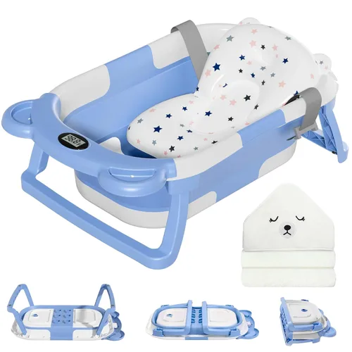 Vista 12 de MoreFeel Bañera plegable para bebé recién nacido con termómetro y 1 toalla con capucha y 1 cojín flotante suave, bañera de viaje portátil