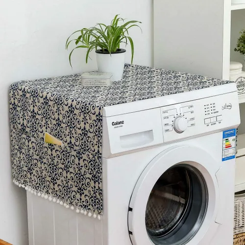 Vista 7 de vctops Funda de algodón y lino con estampado bohemio para nevera, a prueba de polvo, pompones, cubierta superior de lavadora multiusos con 6