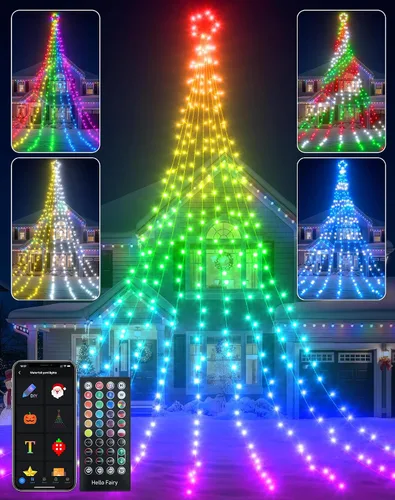 Vista 8 de Luces de decoración navideña para exteriores con estrella, pantalla inteligente de bricolaje personalizada de 100 modos, 3.6 m, cascada de árbol
