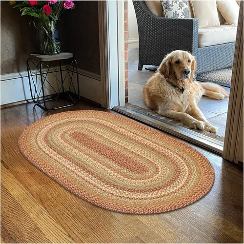 Vista 77 de Homespice Apple Pie - Alfombra ovalada roja de 2 x 3 pies, alfombra de cocina trenzada para decoración primitiva y rústica, reversible, yute sin