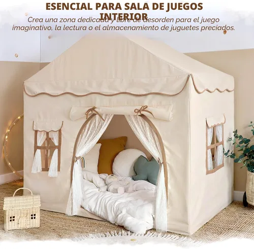 Vista 6 de Tienda de campaña para niños con doble puerta castillo de juegos para niños - Beige Kids Tent with Mat, Two Doors Fantasy Adventure Play House for
