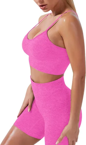 Vista 2 de Conjunto de yoga para mujer, sin costuras, pantalones cortos de ejercicio de cintura alta con brasier deportivo, 3 piezas, conjunto deportivo