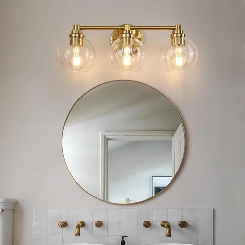 Vista 6 de Lámparas de baño de 3 luces, moderna lámpara de tocador con pantalla de cristal de globo, luces de baño doradas cepilladas sobre el espejo, luces