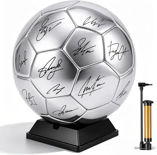 Vista 10 de Hiboom Balón de fútbol dorado con autógrafo de fútbol con soporte de exhibición, bomba de aire para trofeos, aniversario, escuela secundaria
