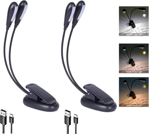 Vista 8 de Lámpara recargable con soporte para música, luz de lectura con clip, lámpara de libro de 8 LED, 3 niveles de brillo para protección ocular, perfecta