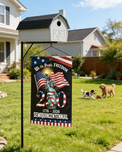 Vista 6 de Bandera de jardín de 250 años de América, bandera patriótica del 4 de julio de 250 aniversario de Estados Unidos, impermeable de doble cara