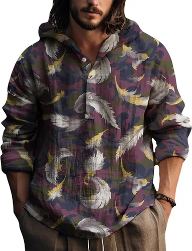 Vista 19 de Sudadera con capucha para hombre, con estampado de plumas, manga larga, 3 botones, a la moda, casual, para otoño, cómoda y suave