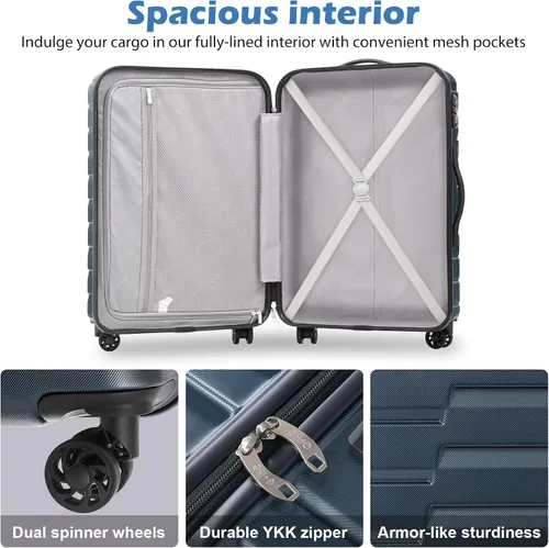 Vista 5 de Coolife Maleta extensible para equipaje PC ABS TSA Lock Spinner Llevar en juegos de 3 piezas, Azul