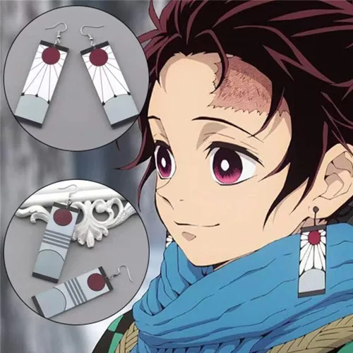 Vista 3 de Pendientes Tanjiro Hanafuda Tanjiro Cosplay Pendientes Anime Accesorios de joyería, Acero aleado