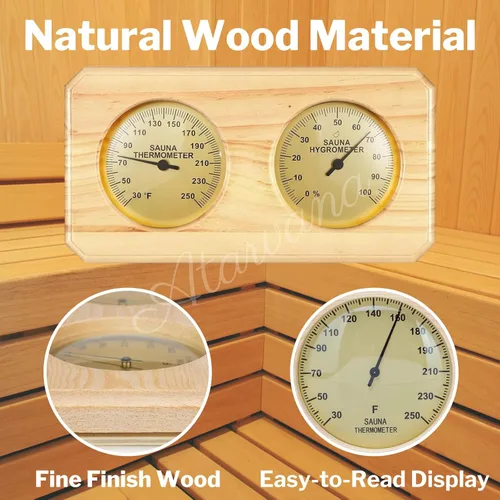 Vista 3 de Termómetro de sauna de madera 2 en 1, termómetro de sauna Atarvana para interiores, higrómetro, accesorios para sala de hotel y sauna, accesorio
