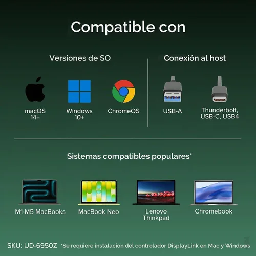 Vista 7 de Plugable Estación de acoplamiento dual DisplayPort y HDMI - Dock USB 3.0 y USB-C para portátil para monitores duales, DisplayLink, Mac