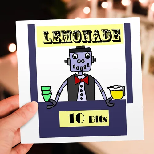 Vista 6 de Todas las sonrisas Art Funny – Funny Cute Robot venta limonada para 10 puntas de Bitcoin – Tarjetas de felicitación