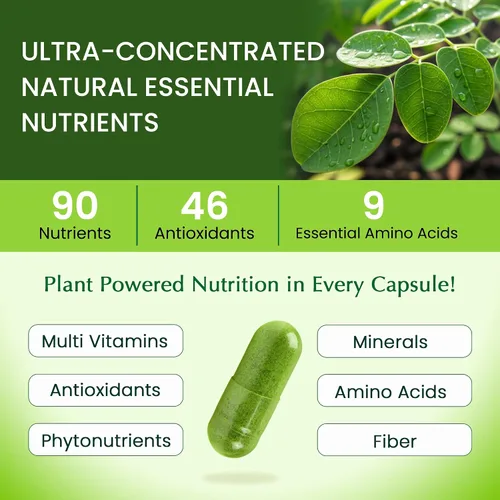 Vista 3 de Organic Veda Cápsulas de hoja de Moringa de 1200 mg, 120 unidades – Polvo puro de Moringa Oleifera en polvo de hojas enteras verde suplemento súper