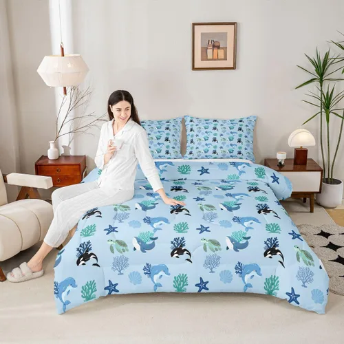Vista 4 de Erosebridal Blue Ocean - Juego de edredón tamaño individual Juego de ropa de cama de ballena delfín y tortuga marina para niños y niñas, juego