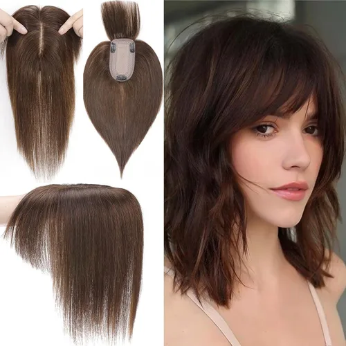 Vista 26 de MY-LADY Top Hairpieces para mujer con flequillo, base mono natural, 100% cabello humano real, clip en pieza de cabello lacio en medio para pérdida