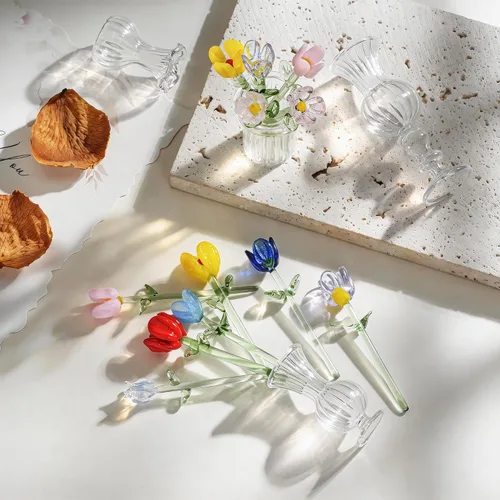 Vista 6 de 12 piezas de mini figuras de flores de vidrio sopladas a mano ramo de Multicolor 1