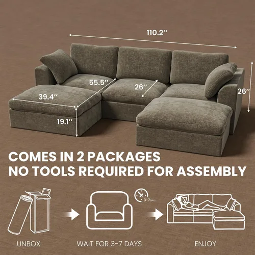 Vista 2 de Sofás seccionales Cloud de 110 pulgadas para sala de estar, sofá convertible en forma de U sin hueso con otomana, juego de sofá modular de gran