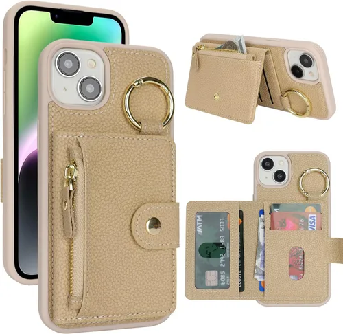 Vista 48 de Funda para iPhone 14 Plus con tarjetero, color negro Funda con cremallera y ranura para mujer y hombre