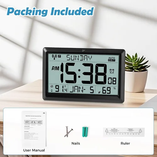 Vista 6 de Amgico Reloj de pared digital, reloj atómico de pantalla grande de 10.5", funciona con pilas, ajuste automático de calendario digital