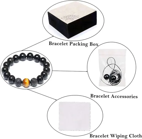Vista 6 de Pulsera de obsidiana negra, pulsera de obsidiana negra Feng Shui para mujeres, hombres y parejas, hecha a mano con piedra tallada de ojo de tigre