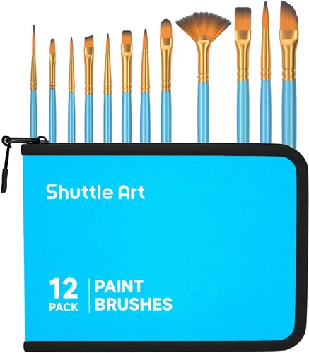 Vista 11 de Shuttle Art Juego de 12 pinceles de pintura con estuche, formas y tamaños surtidos para acrílico, acuarela, óleo y gouache, pinceles de artista
