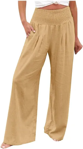 Vista 37 de SHAOBGE Pantalones palazzo de verano para mujer, cintura alta, pierna ancha, casual, cintura elástica, pantalones de playa con bolsillos