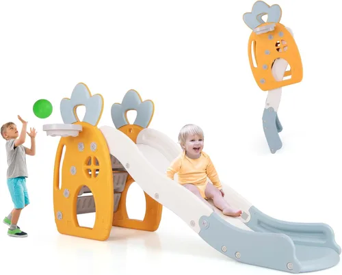 Vista 11 de BABY JOY Tobogán plegable para niños pequeños, juego independiente de escalador para bebés con aro de baloncesto, juego de tobogán para niños
