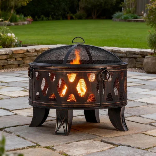 Vista 10 de Breezz Fogata de leña de 26 pulgadas con parrilla de cocina y pantalla de chispas, hoguera redonda de metal para exteriores, patio, fiesta
