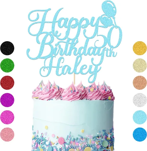 Vista 2 de Decoración de pastel de feliz cumpleaños, decoración de pastel de doble cara con purpurina para tartas, regalos personalizados con cualquier nombre