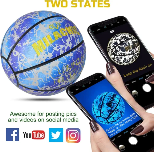 Vista 4 de Balón de baloncesto holográfico que brilla en la oscuridad, tamaño oficial 7, para interiores y exteriores, luminoso, de cuero, 29.5 pulgadas