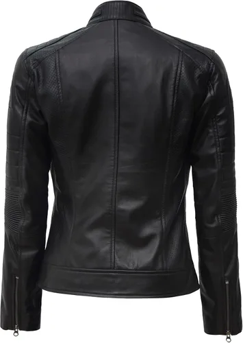 Vista 4 de Blingsoul - Chaqueta de cuero marrón para mujer, estilo Cafe Racer negro para mujer