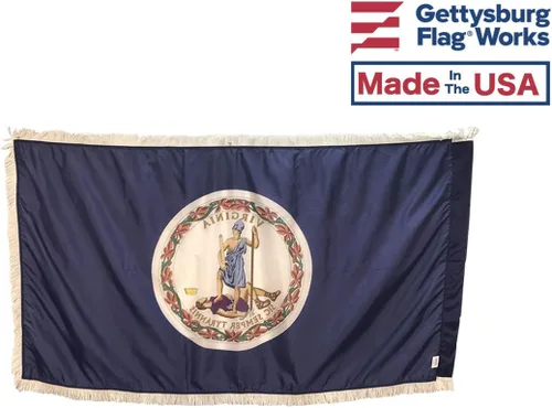 Vista 2 de Bandera de Virginia para interiores de 3 x 5 pies con dobladillo de poste y flecos ornamentales dorados