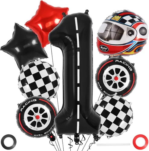Vista 11 de Globos de cumpleaños de auto de carreras, globo número 0 de carrera, globo de aluminio grande de 40 pulgadas, globo negro 0 para decoración