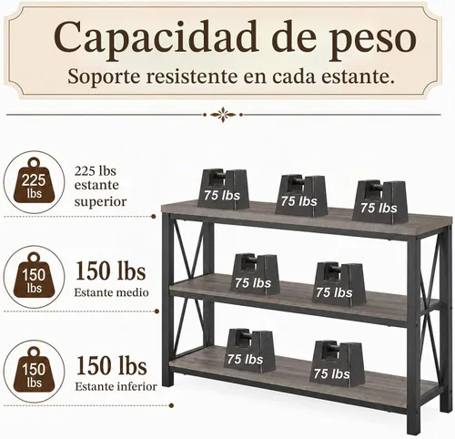 Vista 4 de BON AUGURE Mesa de Sofá Rústica Detrás del Sofá, Mesas Consola Industriales para Entrada, Mesa de Entrada de 3 Niveles con Estantes de Madera