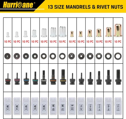 Vista 3 de HURRICANE Kit de herramientas de tuerca de remache de 16 pulgadas con liberación automática, remachador de mano resistente, 13 mandriles métricos