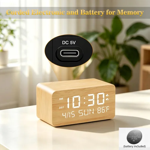 Vista 2 de Reloj despertador digital de madera de bambú premium con cargador de teléfono inalámbrico, puertos de carga USB duales, pantalla LED regulable