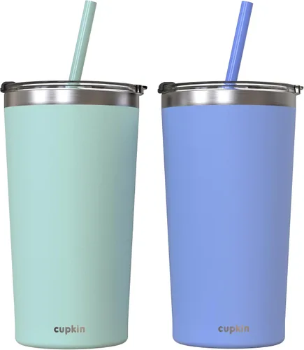Vista 10 de CUPKIN - Taza apilable de acero inoxidable para niños, taza para batidos, tazas aisladas con recubrimiento en polvo, tapa libre de BPA y pajilla