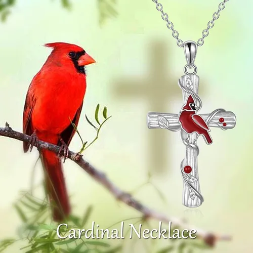 Vista 2 de POPKIMI Collar con colgante de cardenal rojo, plata de ley S925, joyería cardenal de cristal de pájaro rojo, conmemorativo de árbol cardenal rojo