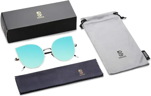 Vista 6 de SojoS SJ1022 anteojos de sol con lentes lisos y espejados con forma de ojos de gato, con marco de metal liviano y ultradelgado, para mujer