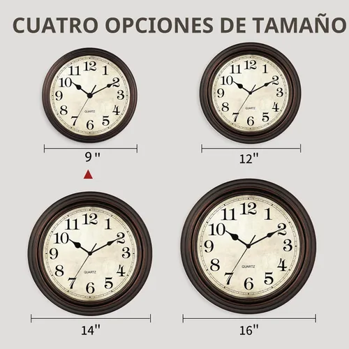 Vista 2 de Reloj de pared de 9 pulgadas, silencioso sin tictac, clásico, funciona con pilas, decorativo para sala de estar, dormitorio, baño, cocina y oficina