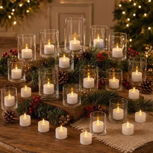 Vista 7 de Paquete de 24 velas de té LED con control remoto, velas sin llama, funciona con pilas, parpadeo blanco cálido, de larga duración para decoración