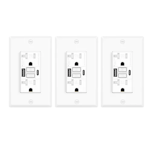 Vista 53 de Greencycle Toma GFCI de 15 amperios con puertos USB C y USB A, 1 unidad de toma eléctrica GFCI de prueba automática con USB, con indicador LED