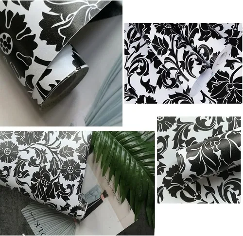 Vista 2 de Papel de contacto floral vintage de estilo europeo clásico para despegar y pegar, papel tapiz floral blanco y negro para paredes de revestimiento