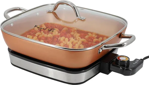 Vista 9 de MegaChef Parrilla eléctrica con revestimiento antiadherente de cobre, control de temperatura ajustable y bandeja de goteo, versátil electrodoméstico